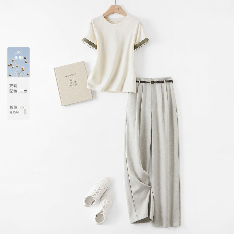 Casual Elegant Rolled-Sleeve T-shirt and Straight-Leg Pants Set