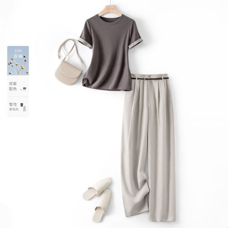 Casual Elegant Rolled-Sleeve T-shirt and Straight-Leg Pants Set