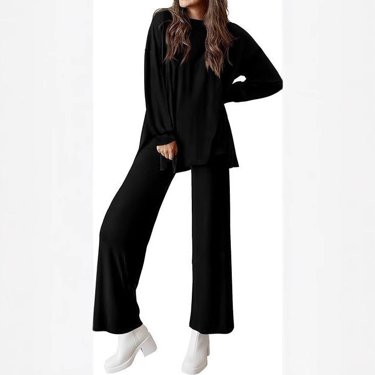 Round-Neck Long Sleeve Top and Wide-Leg Pants Set
