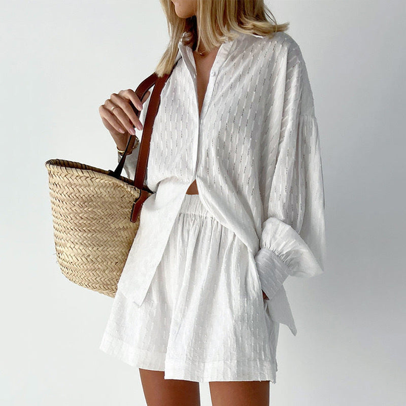 Jacquard Puff Sleeve Casual Suit with Shorts