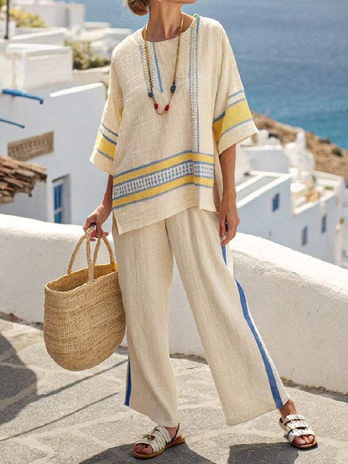 Color-Block Loose Wide-Leg Pants Two-Piece Set