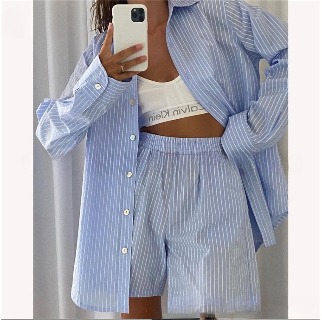 Casual Striped Long-Sleeve Shirt and High-Waisted Shorts Set