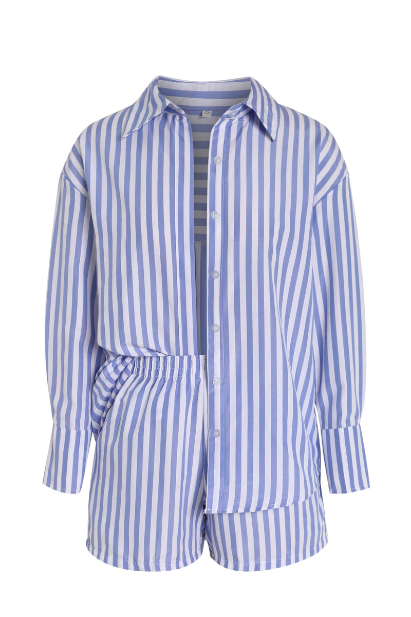 Casual Striped Long-Sleeve Shirt and High-Waisted Shorts Set