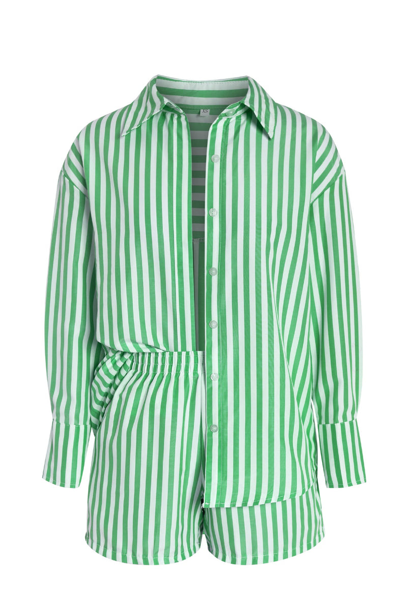 Casual Striped Long-Sleeve Shirt and High-Waisted Shorts Set