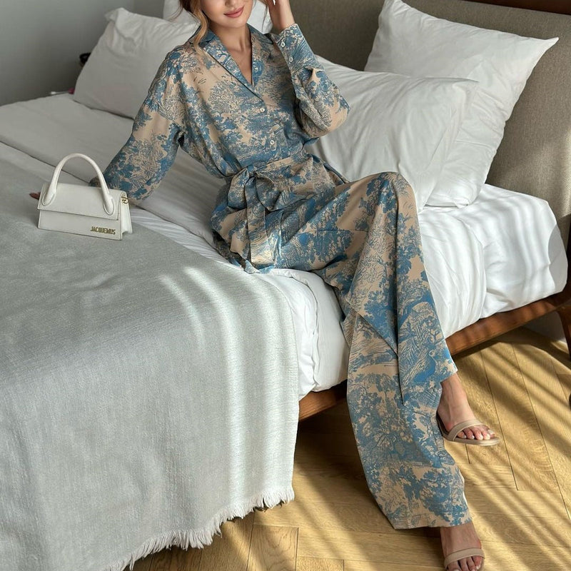 French-Style Printed Long-Sleeve Shirt and Wide-Leg Pants Set