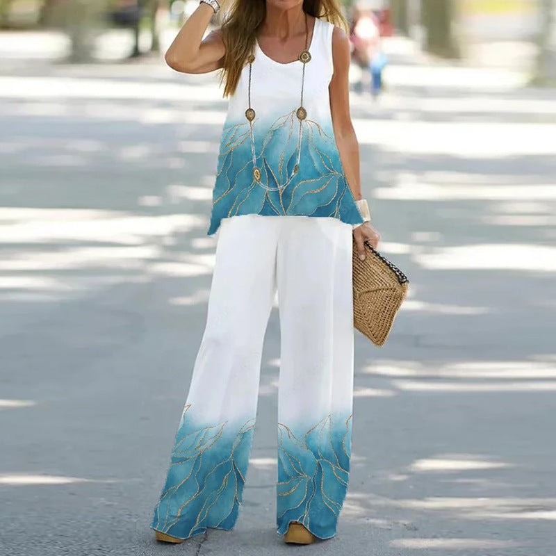 Casual Printed Sleeveless Top with High-Waisted Pants Set