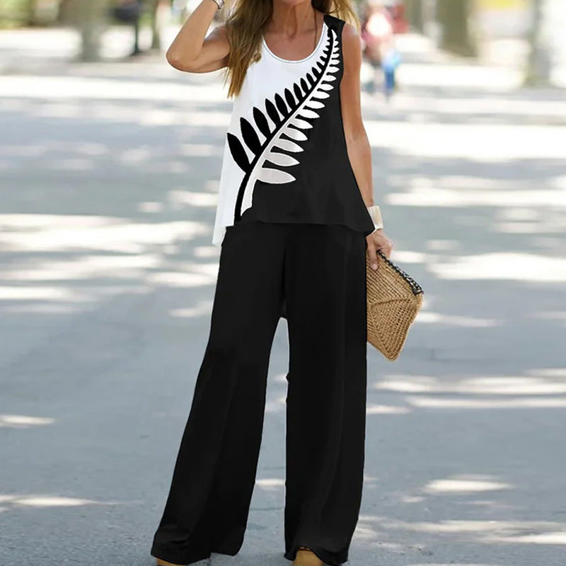 Casual Printed Sleeveless Top with High-Waisted Pants Set