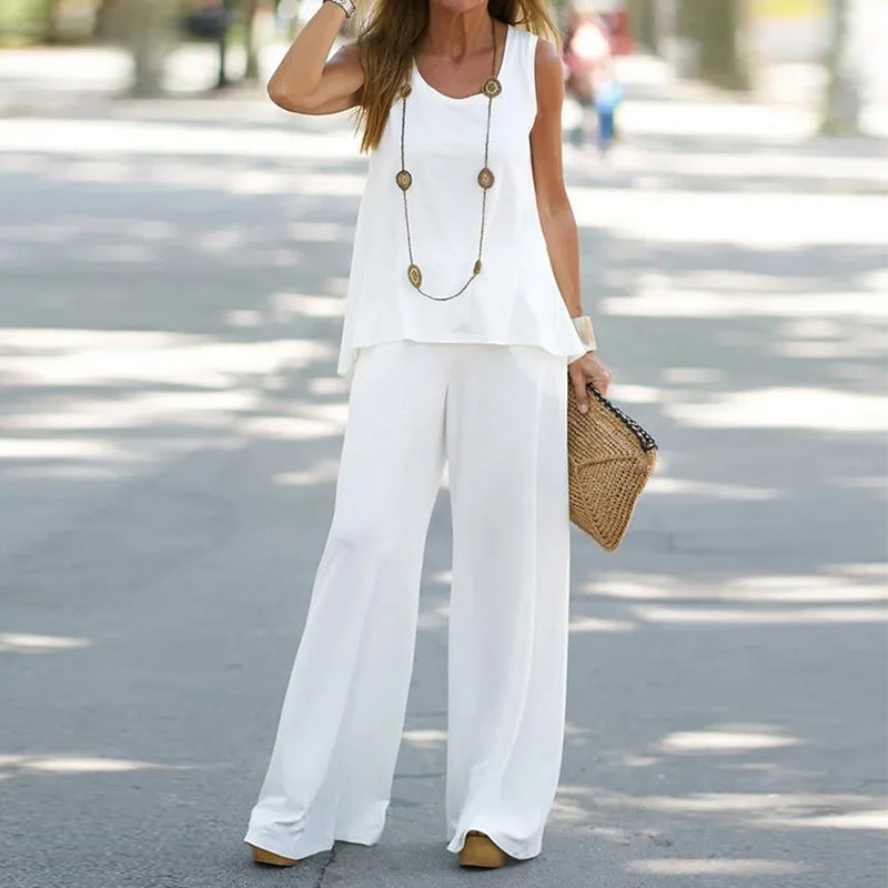 Casual Printed Sleeveless Top with High-Waisted Pants Set