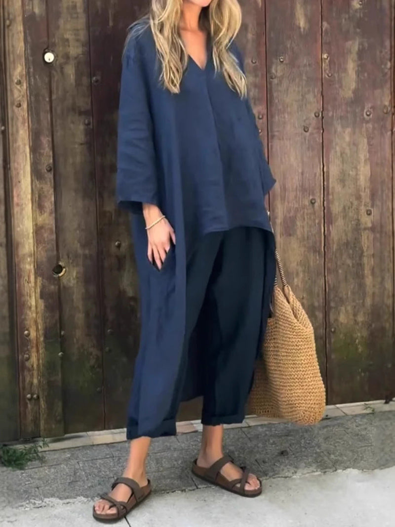 V-Neck Two-Piece Pants Set