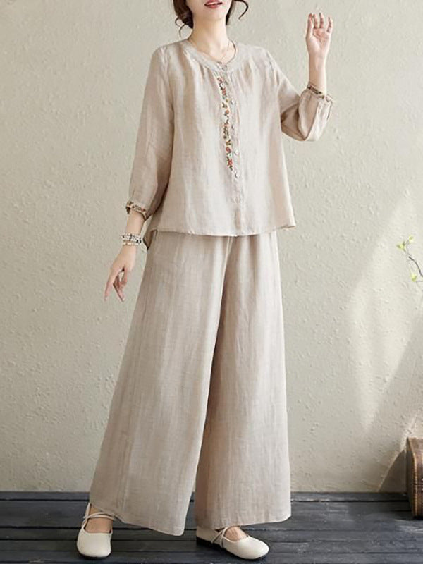 Retro Neo-Chinese Embroidered Shirt and Casual Pants Set