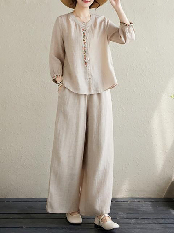 Retro Neo-Chinese Embroidered Shirt and Casual Pants Set