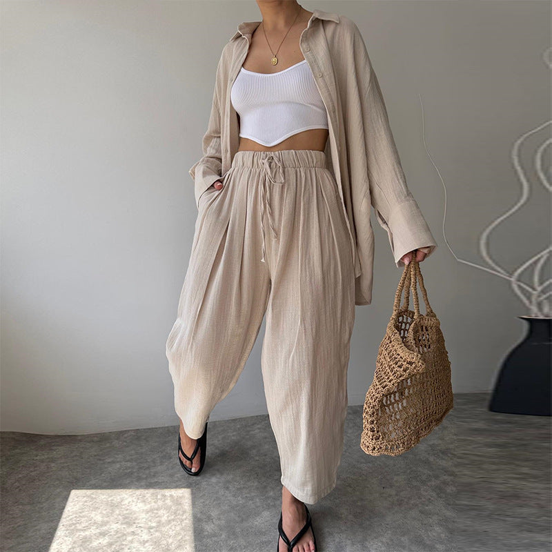 Niche Lapel Long-Sleeve Shirt and High-Waisted Trousers Set
