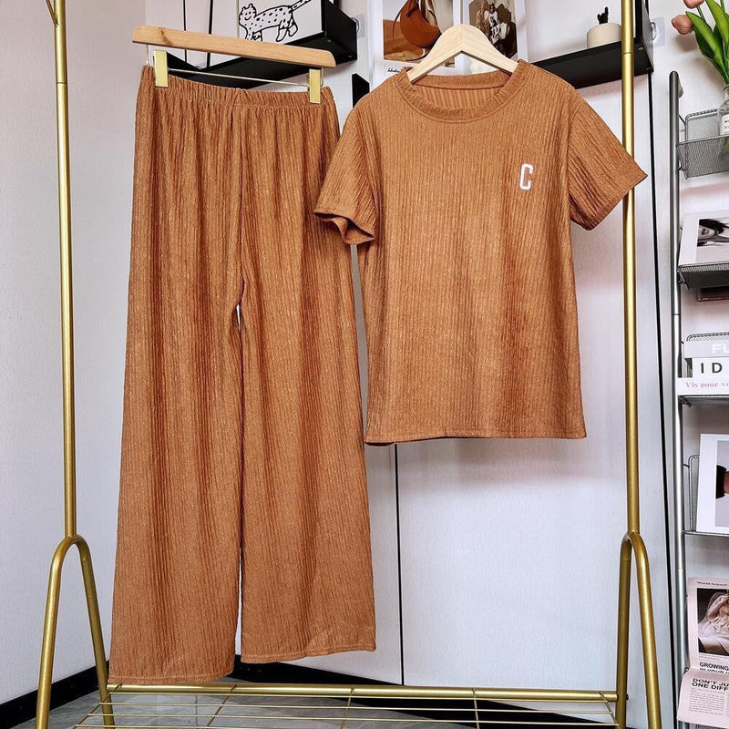 Chiba Pleated Embroidered Two-Piece Loungewear Set