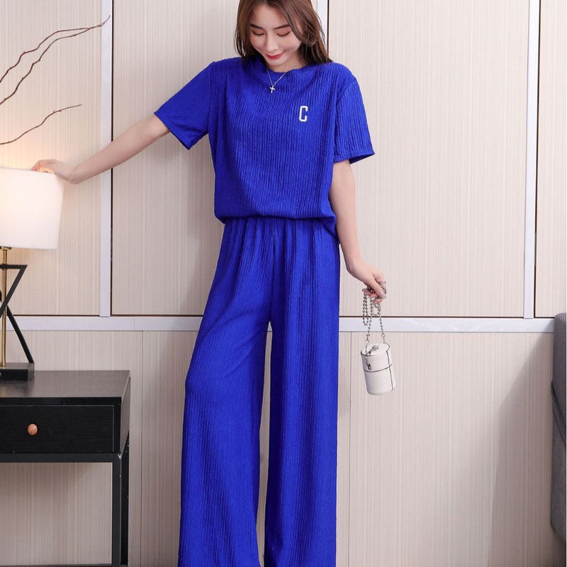 Chiba Pleated Embroidered Two-Piece Loungewear Set