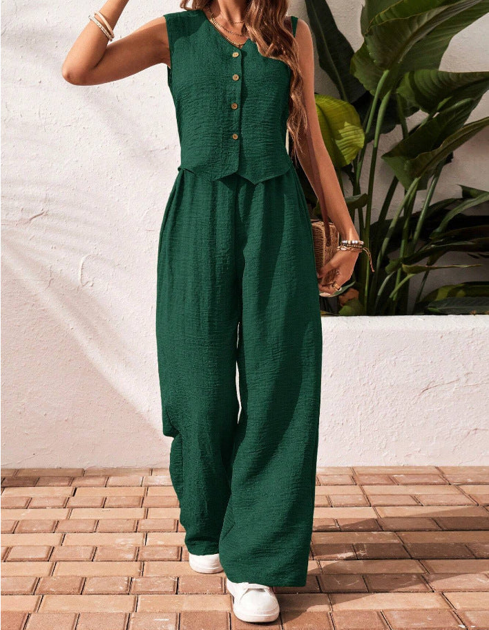 Linen V-neck Vest and Long Pants Suit