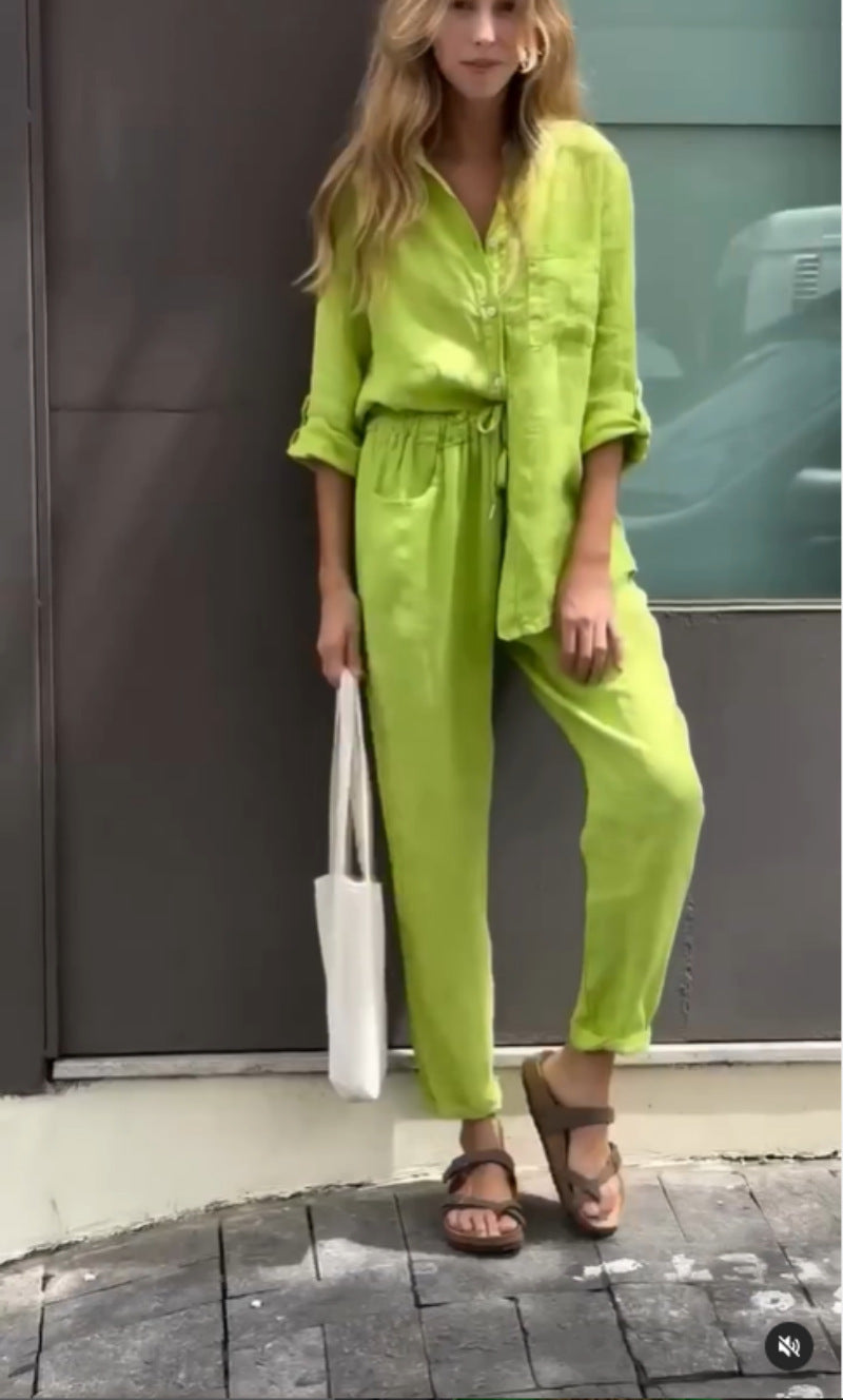 Plus Size Cotton Linen 2-Piece Set with Pockets