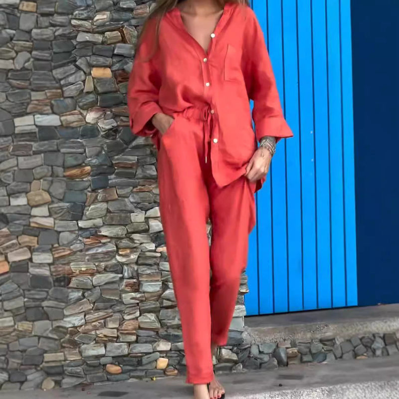 Plus Size Cotton Linen 2-Piece Set with Pockets