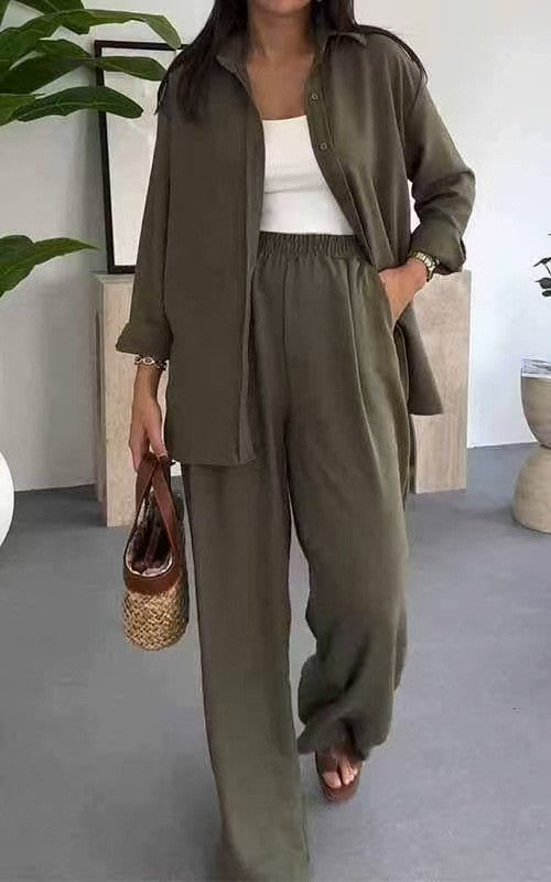 Solid Color Loose Top and Wide-Leg Pants Set
