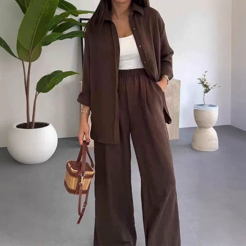 Solid Color Loose Top and Wide-Leg Pants Set