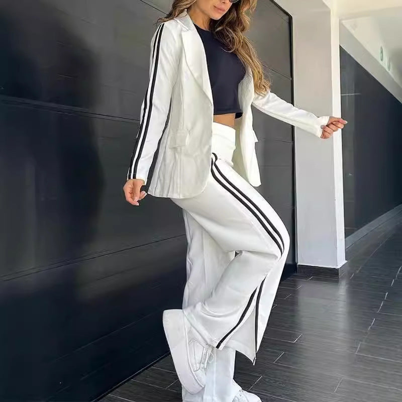 Casual Lapel Blazer and Wide Leg Pants Set