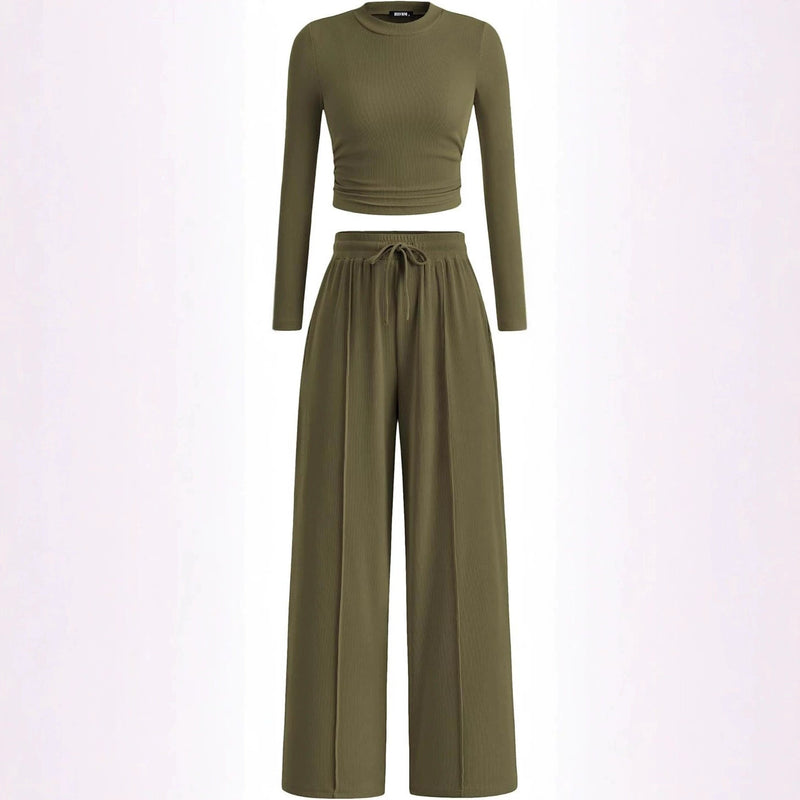 Ribbed Cropped Top and Wide-Leg Pants Set