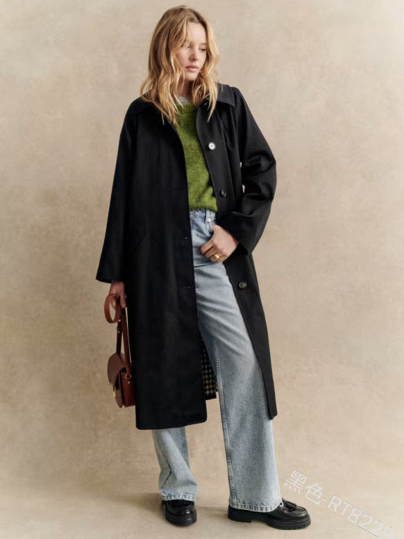 Lapel Long Trench Coat with Color-Blocking Design