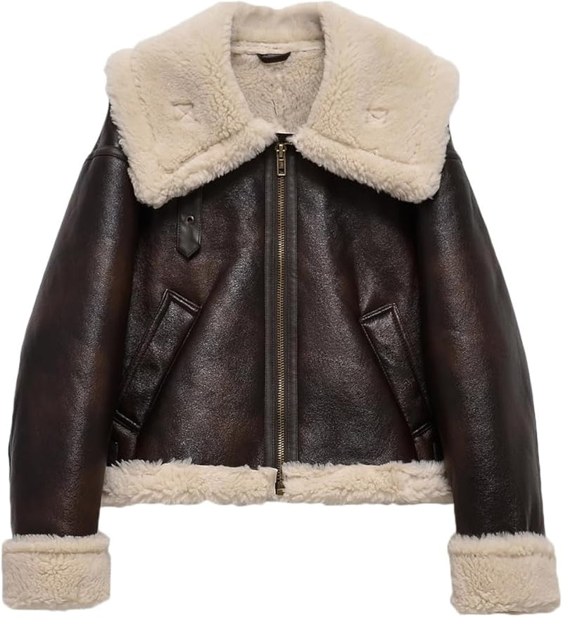 Thickened Shearling Turn-down Collar Zipper Short Jacket