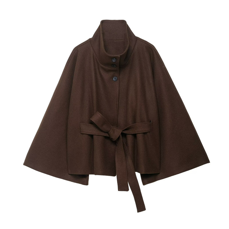Elegant Loose Stand Collar Woolen Coat with Belt