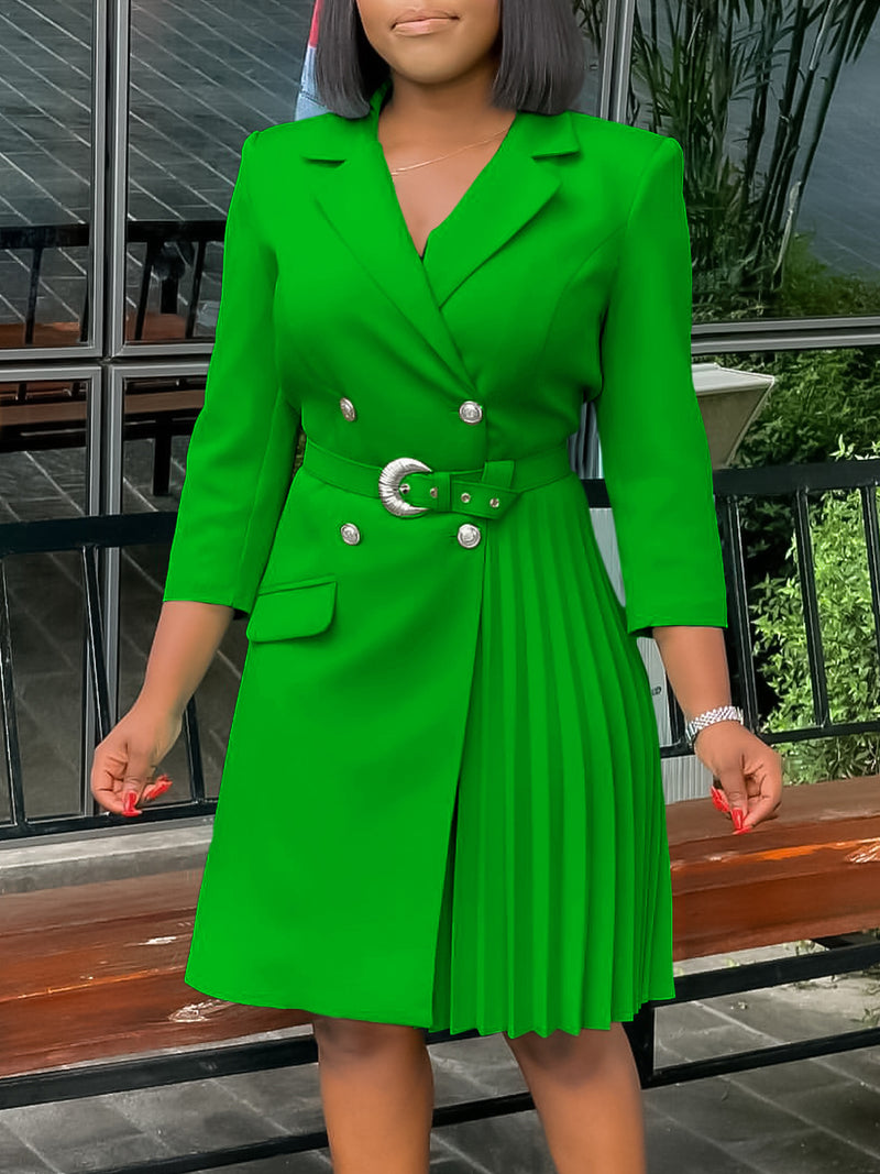 High-Waist Pleated Blazer Dress with Belt