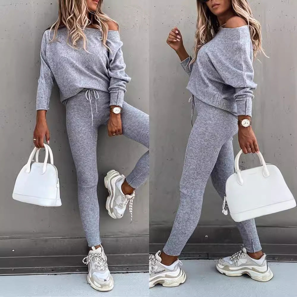 Lace-Up Off-Shoulder Casual Long Pants Suit