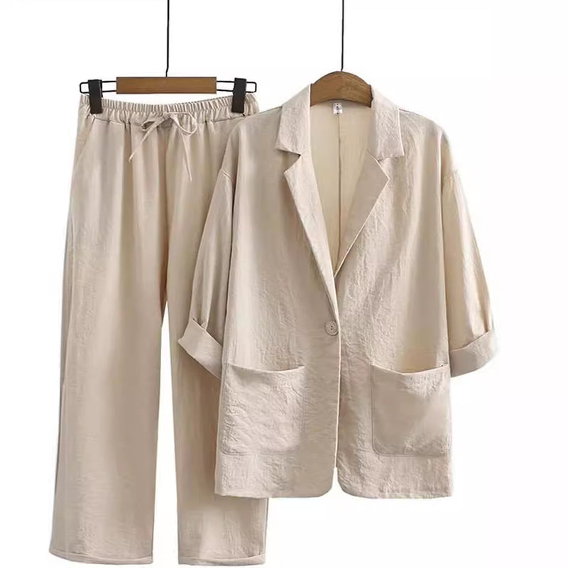 Cotton Linen Blazer and Pants 2-Piece Suit Set