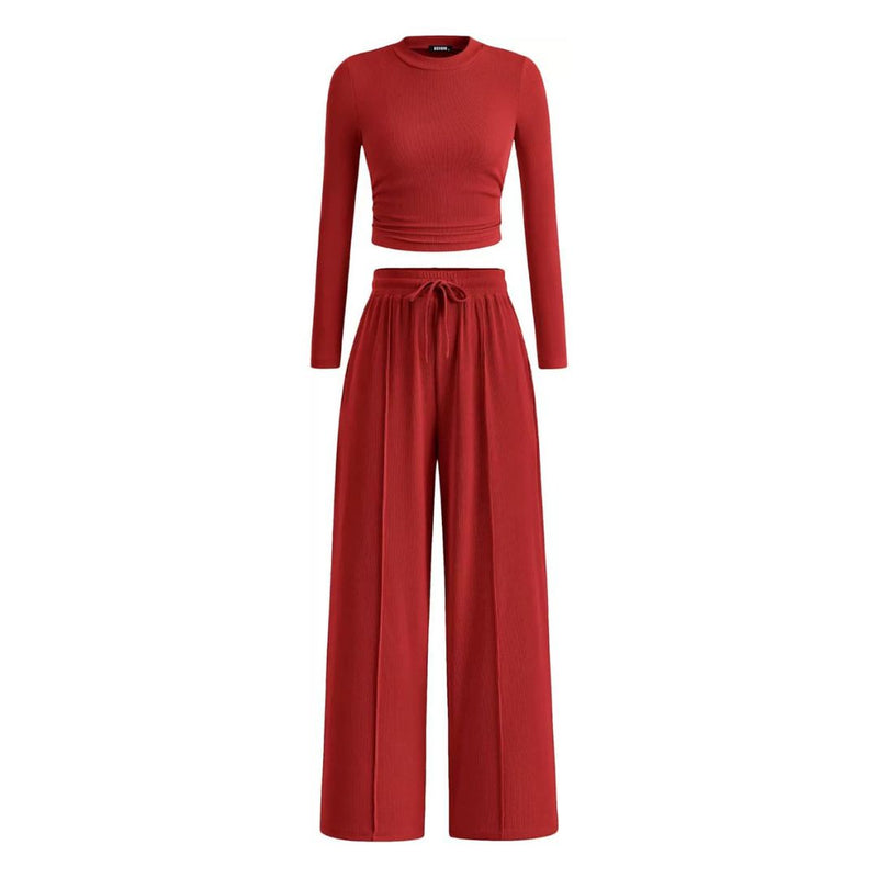 Ribbed Cropped Top and Wide-Leg Pants Set
