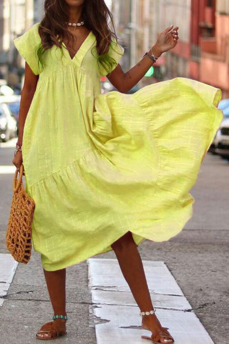 V Neck Tiered Cotton Midi Dress