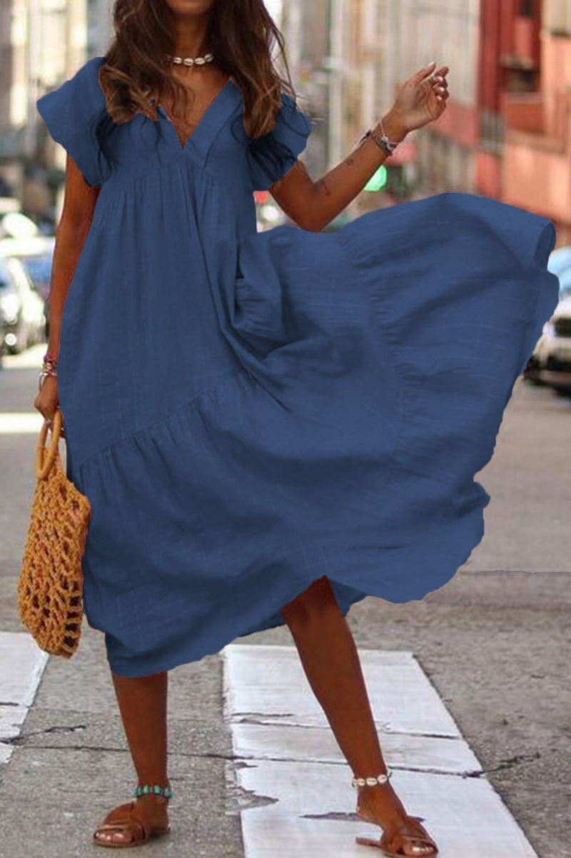 V Neck Tiered Cotton Midi Dress