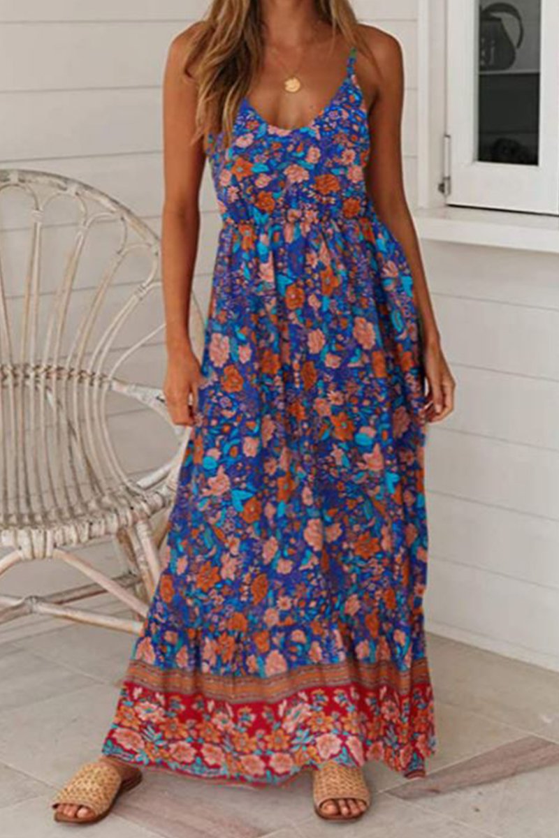 Casual Vintage Flower Prints Maxi Dress