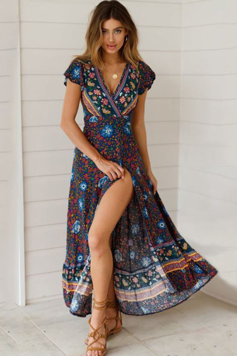 Bohemian Floral Print Wrap Dress