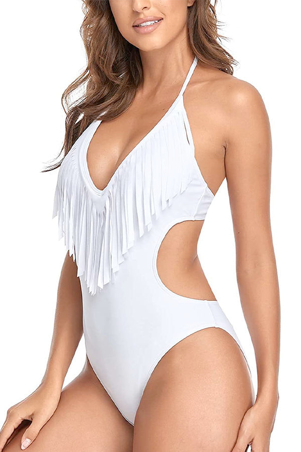 Cutout Halter Tassel One Piece Swimsuit