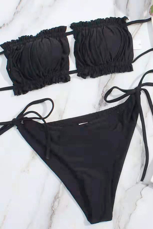 Hollow Pleated Multi-Color Split Bikini Swimsuit