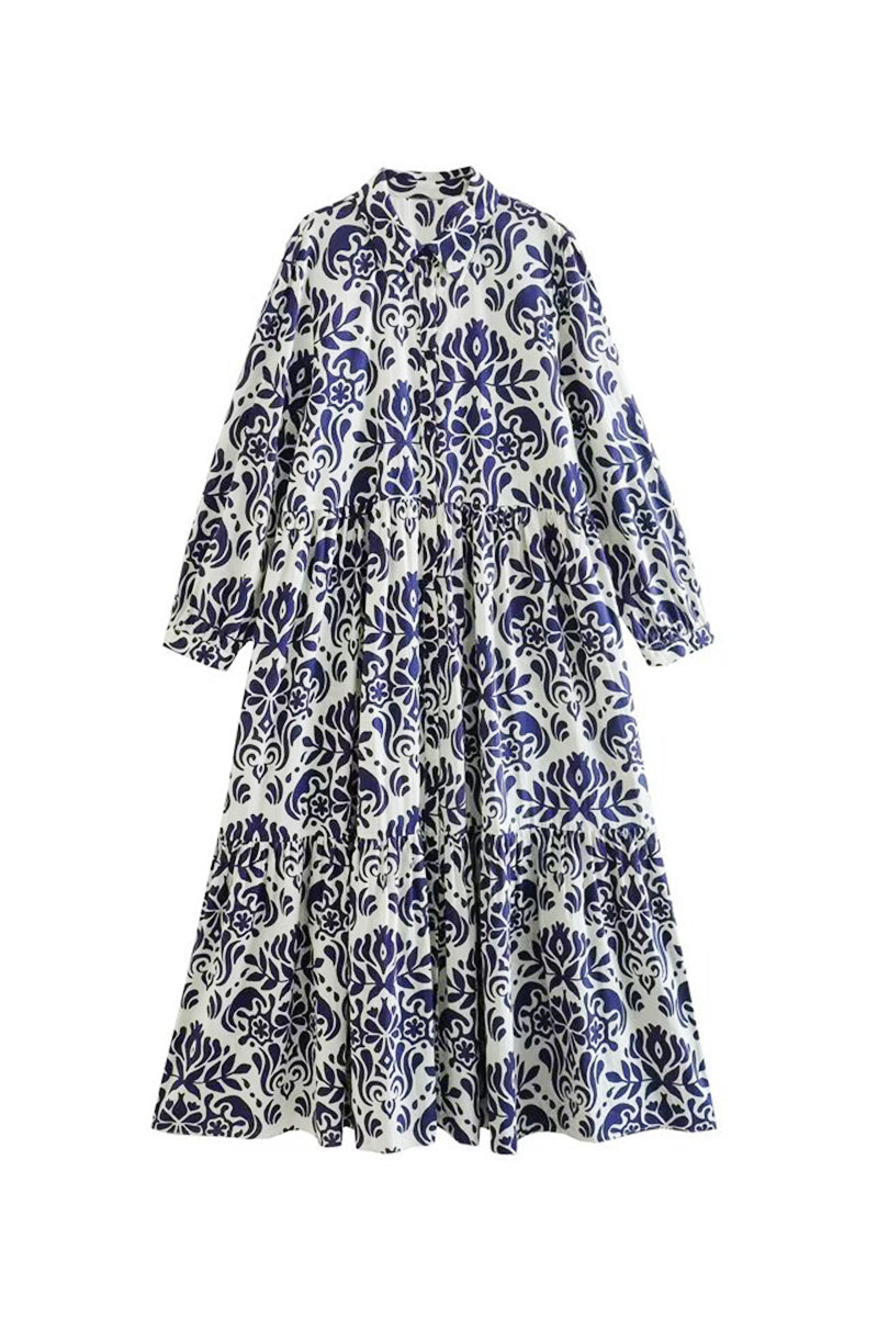 Blue Floral Lantern Sleeves Midi Dress