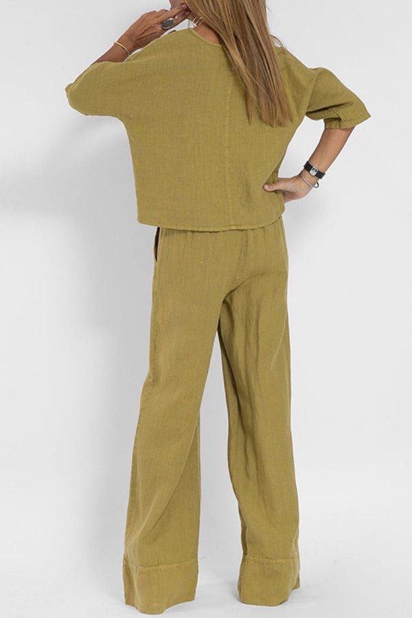 At Ease &amp; Down to Earth: Short-sleeved Pullover &amp; Wide Trouser Matching Set