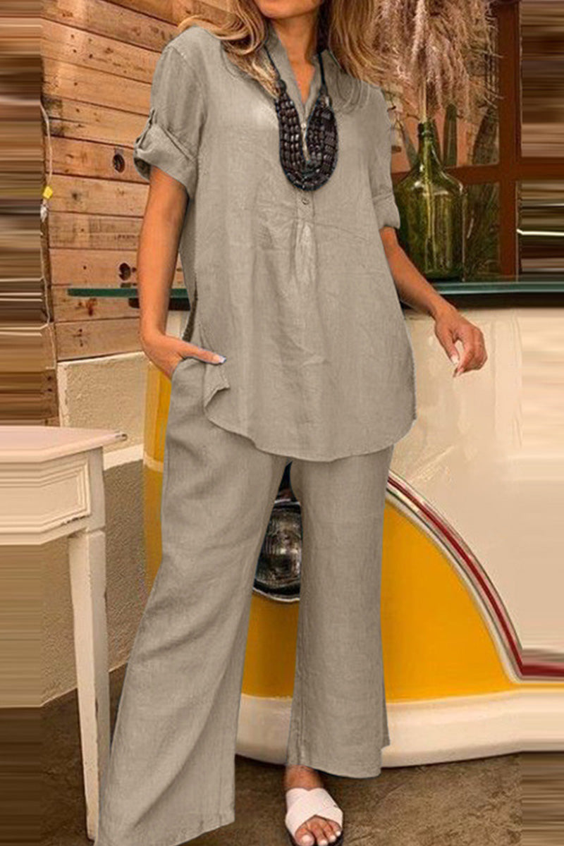 Dressed-up Casual: Short-Sleeved V-neck Top &amp; Wide Trouser Suit