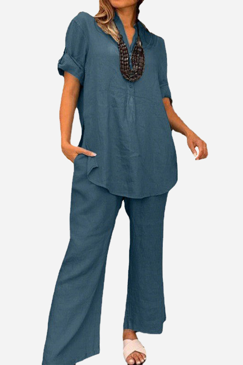 Dressed-up Casual: Short-Sleeved V-neck Top &amp; Wide Trouser Suit